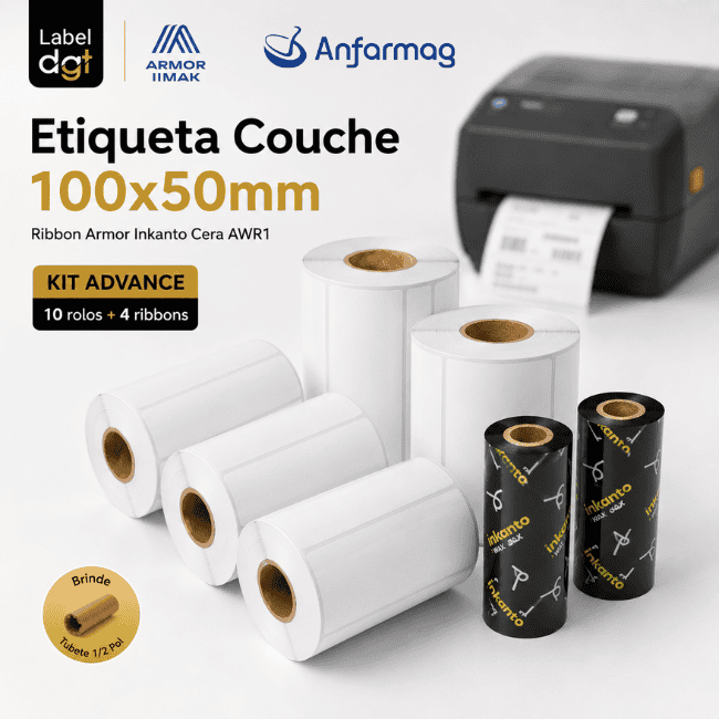 Kit Advance 10 rolos Etiqueta Couche 100mmx50mm – 04 rolos de Ribbon Armor Inkanto Cera AWR1 110x74mm