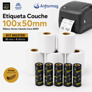 Kit Master 20 rolos Etiqueta Couche 100mmx50mm + 08 rolos de Ribbon Armor Inkanto Cera AWR1 110x74mm