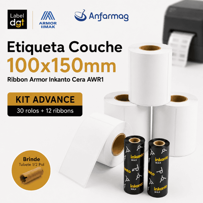 Kit Advance 30 rolos Etiqueta Couche 100×150 – 12 rolos de Ribbon Armor Inkanto Cera AWR1 110x74mm