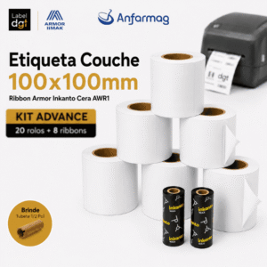 Kit Advance 20 rolos Etiqueta Couche 100mmx100mm + 08 rolos de Ribbon Armor Inkanto Cera AWR1 110x74mm