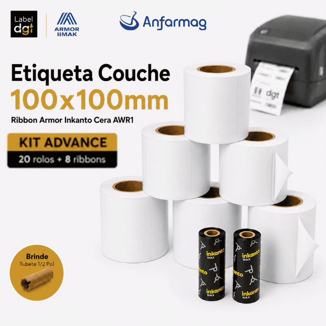 Kit Advance 20 rolos Etiqueta Couche 100mmx100mm + 08 rolos de Ribbon Armor Inkanto Cera AWR1 110x74mm