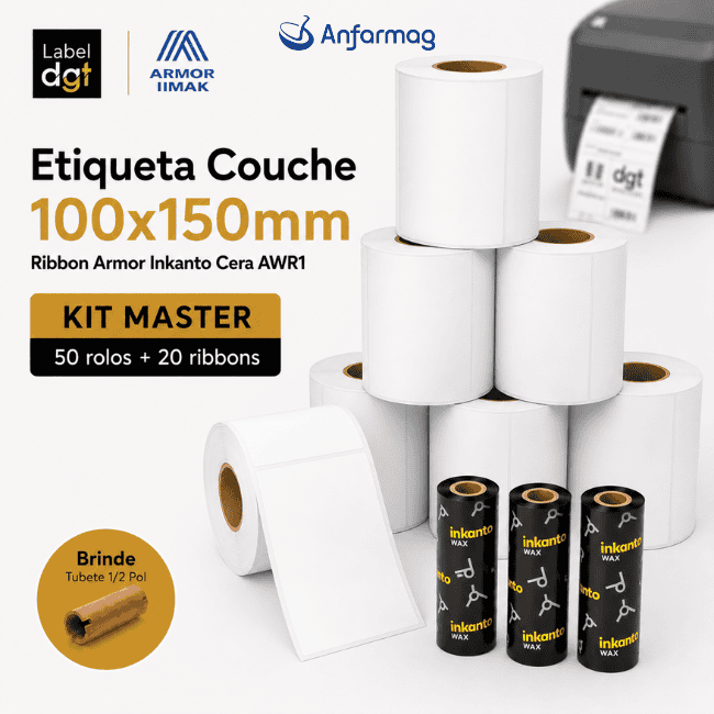 Kit Master 50 rolos Etiqueta Couche 100mmx150mm – 20 rolos de Ribbon Armor Inkanto Cera AWR1 110x74mm