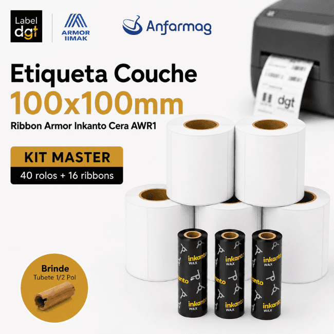 Kit Master 40 rolos Etiqueta Couche 100mmx100mm + 16 rolos de Ribbon Armor Inkanto Cera AWR1 110x74mm