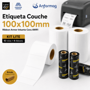 Kit Lite 10 rolos Etiqueta Couche 100mmx100mm + 04 rolos de Ribbon Armor Inkanto Cera AWR1 110x74mm
