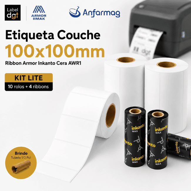 Kit Lite 10 rolos Etiqueta Couche 100mmx100mm + 04 rolos de Ribbon Armor Inkanto Cera AWR1 110x74mm