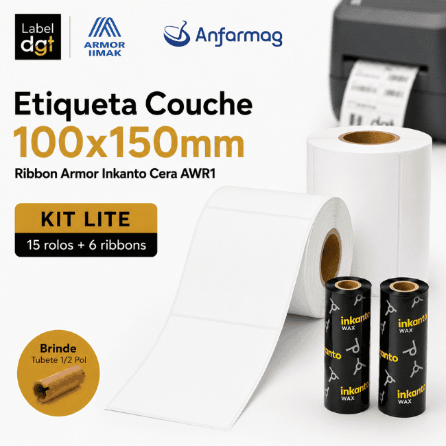 Kit Lite 15 rolos Etiqueta Couche 100mmx150mm + 06 rolos de Ribbon Armor Inkanto Cera AWR1 110x74mm